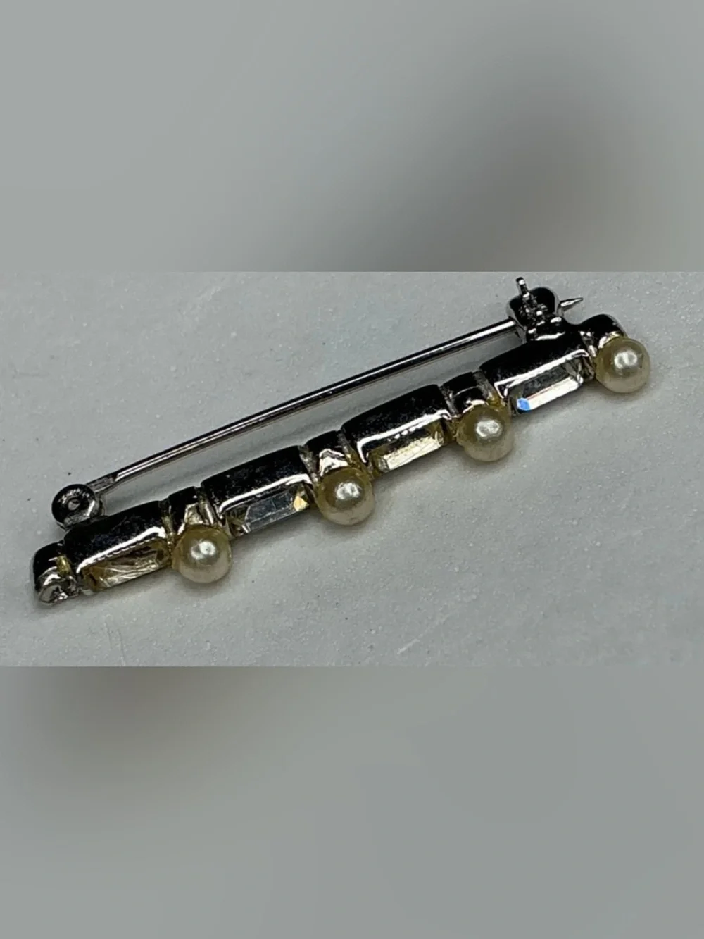 Vintage Silver Tone Pearl and Rhinestone Accent Bar Brooch